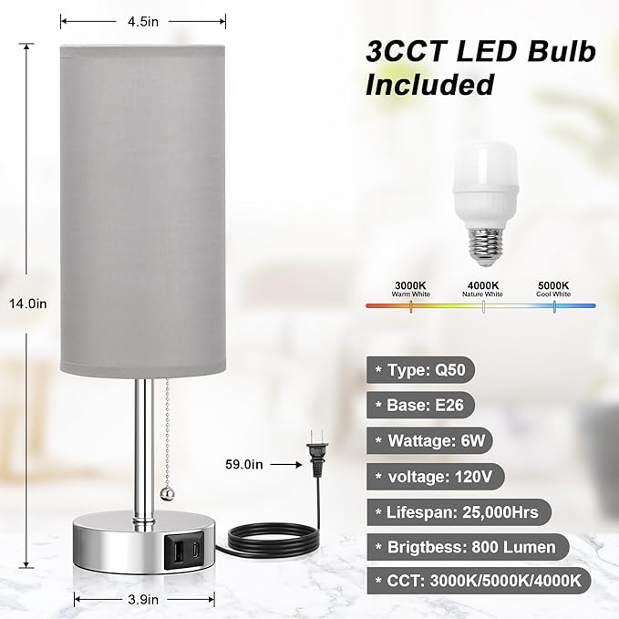 Grey Table Bedside Lamp for Bedroom Nightstand - Small Silver Lamp with USB A + C Charging Port, 3 Color Temperatures Pull Chain Night Stand Light with Bulb, Side Table Desk Lamp for Living Room - Bloomnest
