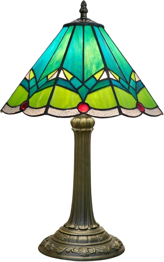 Green Tiffany Lamp Retro Rural Style Farmhouse Teal Bedroom Bedside Reading Light Living Room Hotel Bar Home Decor 12x19 Inch E26 Nightstand Unique Colored Bronze Metal Base Stainred Glass Table Lamp - Bloomnest