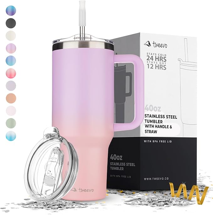 40 oz Tumbler With Handle and Straw Made of Stainless Steel - Double Wall Vacuum Insulated Tumbler With Lid - Sweat Proof Easy Grip, BPA-Free, Dishwasher Safe Tumbler (Gradient Purple) - Bloomnest