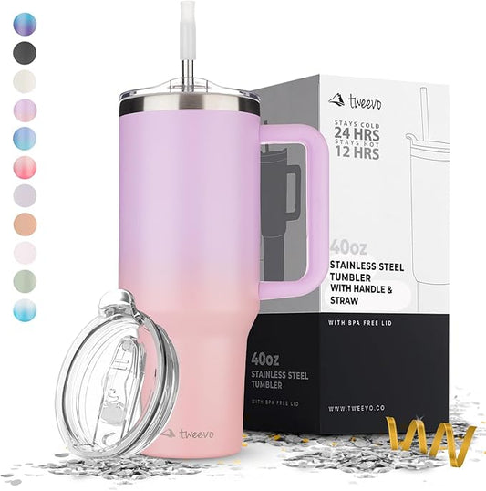 40 oz Tumbler With Handle and Straw Made of Stainless Steel - Double Wall Vacuum Insulated Tumbler With Lid - Sweat Proof Easy Grip, BPA-Free, Dishwasher Safe Tumbler (Gradient Purple) - Bloomnest