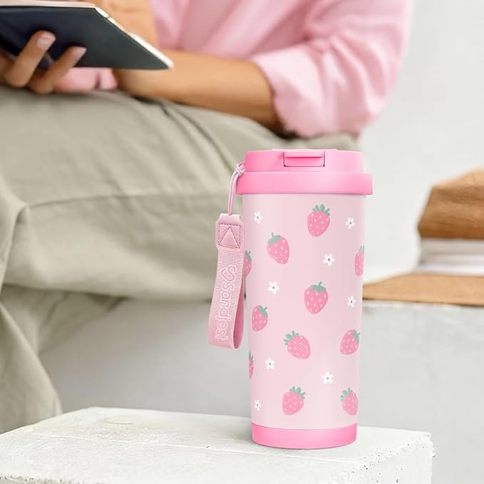 Strawberry Tumbler - Stainless Steel 2-in-1 Lid Coffee Tumbler 18 oz, Insulated Travel Mug Gift for Women Girls Teen Mother, Birthday Christmas - Bloomnest