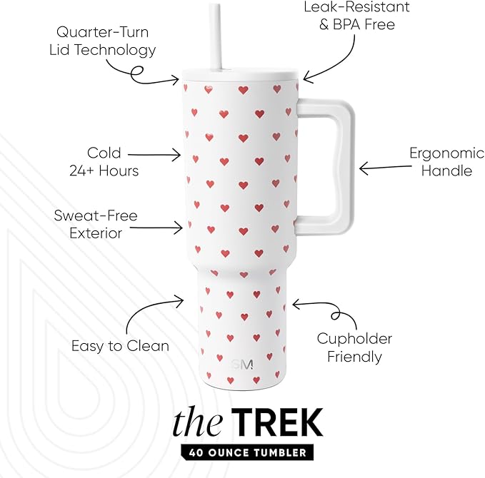 Simple Modern 40 oz Valentine's Day Trek Tumbler with Handle and Straw Lid | Cup Holder Friendly Insulated Stainless Steel Travel Mug | Crimson Hearts SimpleModern