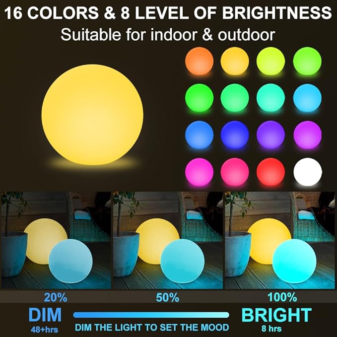 Globe Floor Lamp, 14-in Rechargeable LED Ball Light Globe Light w/Remote, Versatile Glowing Orb Mood Lamps Waterproof Outdoor Orb Lamp, Dimmable RGB Color Changing Light Up Ball for Home Garden Yard - Bloomnest