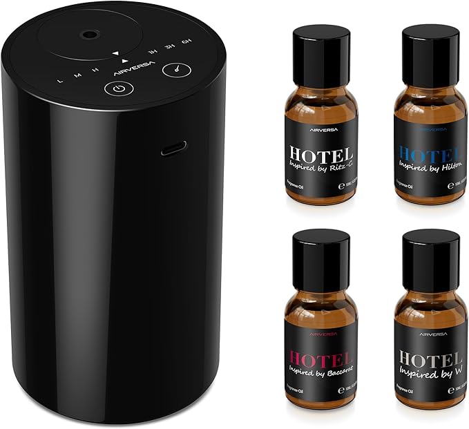 Airversa Waterless Essential Oil Diffuser Starter Kit with 4 x 10mL Hotel Scent Fragrance Oil, Battery Operated Mini Scent Air Machine Portable Diffuser for Home Car Office, AN8 Kit Black - Bloomnest