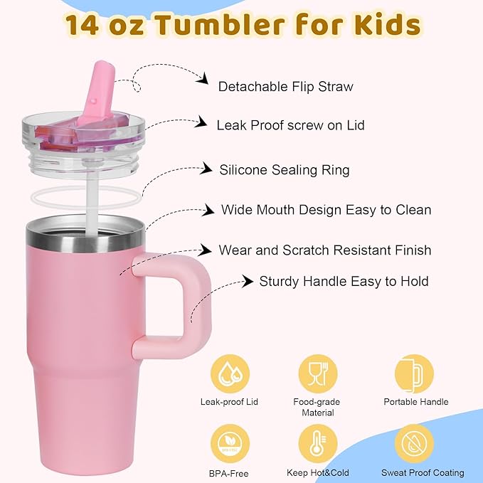 14 oz Tumbler for kids with Detachable Flip Straw Lid and handle, 100% Leak Proof 14 oz mini cup, Stainless Steel Vacuum Insulated Tumbler, Wide Mouth Easy to Clean, Keep Cold or Hot (Rose Quartz) - Bloomnest