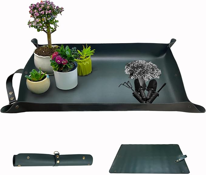 Thickened Leather Plant Repotting Mat, Indoor and Outdoor Potting Mat, 30" x 18" Foldable Tray with Mess Control (Dark Green) - Bloomnest