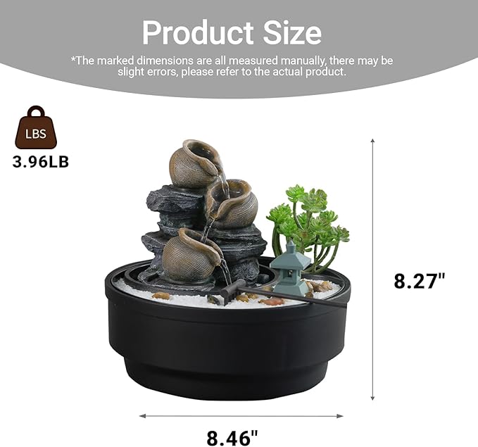 Tabletop Water Fountain with LED Lights & Pagoda, 3 Tiers Crocks Cascading Design,Artificial Flowers, White Stones and Rake, Zen Decor for Office/Living Room/Bedroom/Study (8.5" H)