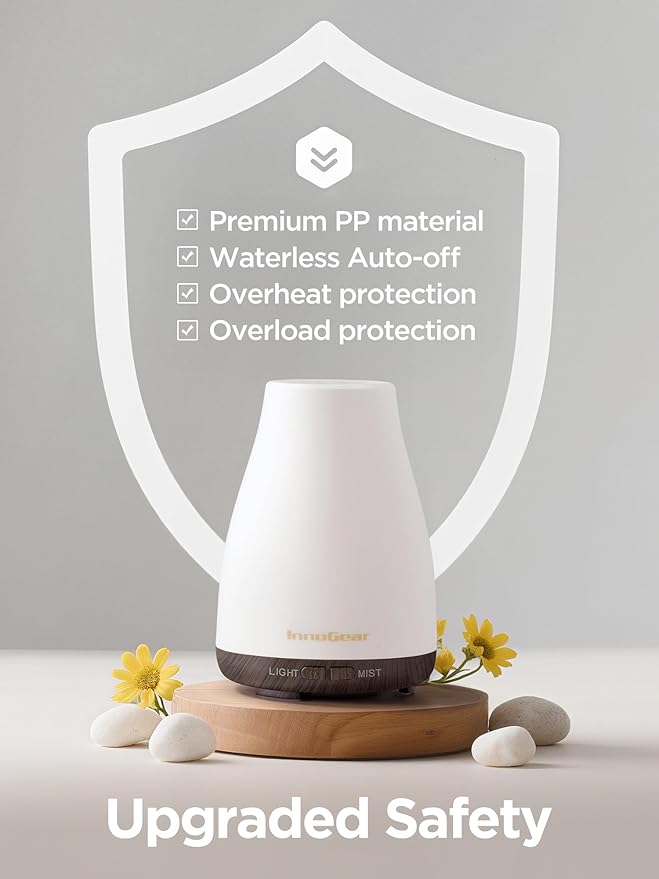 InnoGear Essential Oil Diffuser, Ultrasonic Diffusers for Home Aromatherapy Humidifier for Bedroom Room 7 Colors LED 2 Mist Mode Auto Off, Brown Base - Bloomnest