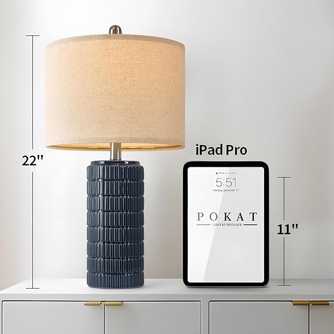 PoKat 23" Blue Table Lamps, Farmhouse Bedside Lamps for Bedroom Set of 2, Ceramic End Table Lamps for Living Room, Traditional Nightstand Desk Lamps, Medium - Bloomnest