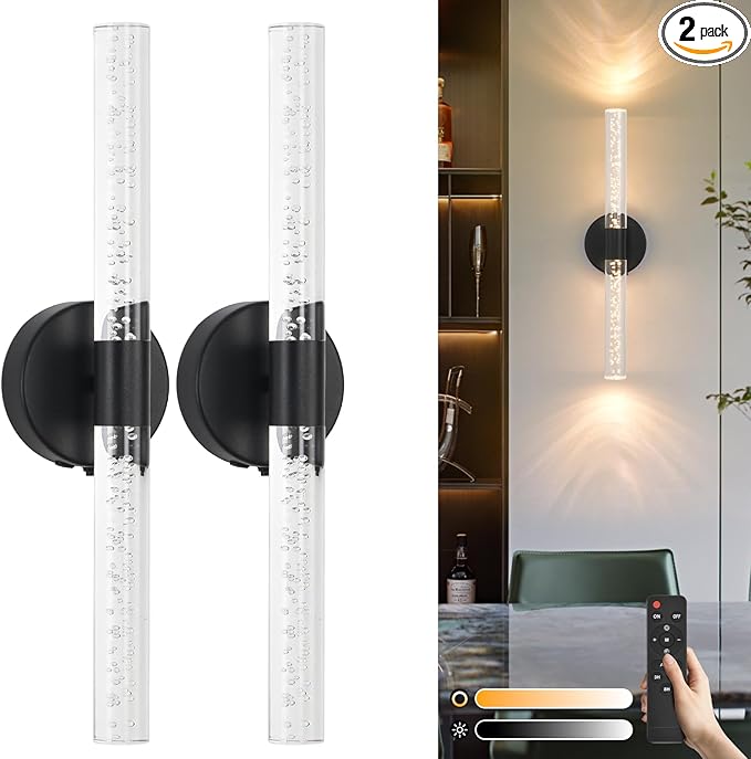 Battery Operated Wall Sconces Set of 2, Black 20'' Rechargeable Crystal Bubble Wall Sconce with Remote Control, 3000K-6000K Dimmable LED Wireless Wall Lights for Living Room Bedroom Bathroom Hallway - Bloomnest