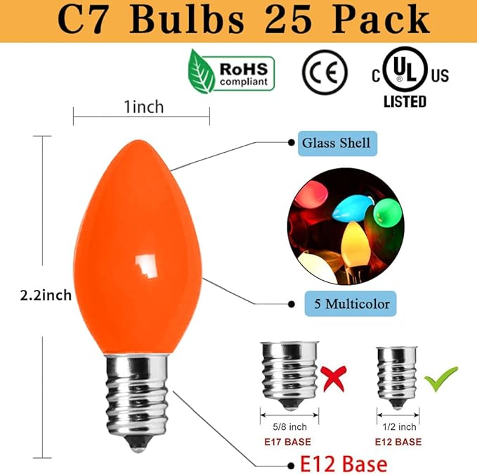 Couah Christmas Light Bulbs C7 Multi-Color Replacement Bulbs（25 Pack） C7 Ceramic Outdoor String Light Replacement Bulbs, C7/E12 Candelabra Base, 5 Watt - Bloomnest