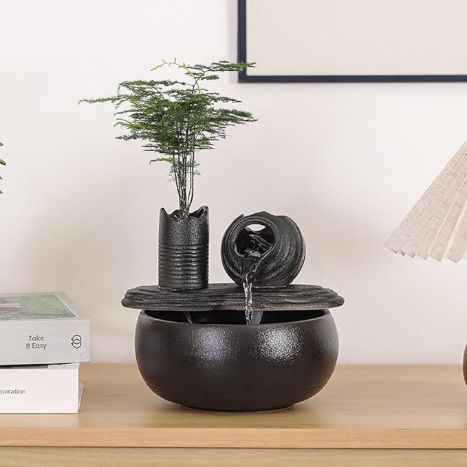 Ceramic Tabletop Fountain Water Feature Fall Indoor and Outdoor Decoration (Black Pot A150) - Bloomnest