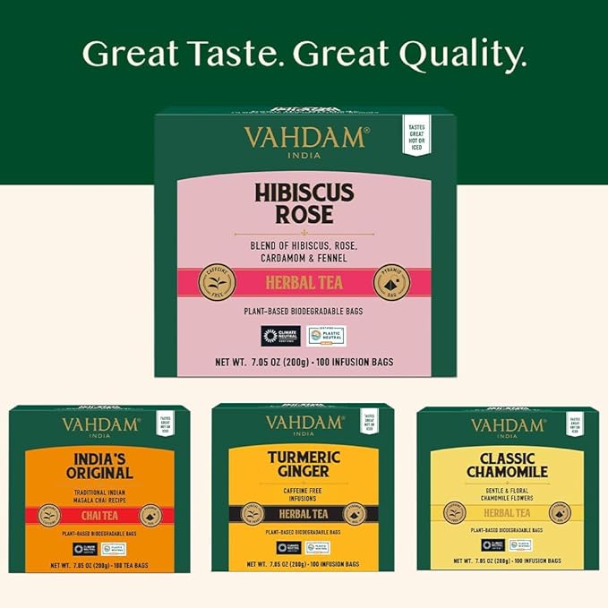 VAHDAM, Hibiscus Rose Tea Bags - 100% Whole Hibiscus Flowers Herbal Tea Bags (100 Count) With Rose, Chamomile & Exotic Spices | Caffeine Free, Floral Flavor Tisane | Resealable Ziplock Pouch - Bloomnest
