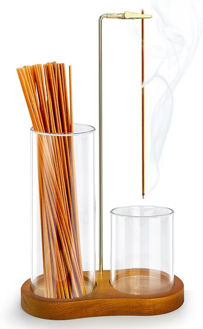 2 in 1 Incense Holder for Sticks, Hang Upside Dowd Incense Burner with Glass Ash Catcher, Anti-Ash Flying and Incense Sticks Storage, for Meditation Yoga Spa Home Decor Office (Wood, Dark Brown) - Bloomnest