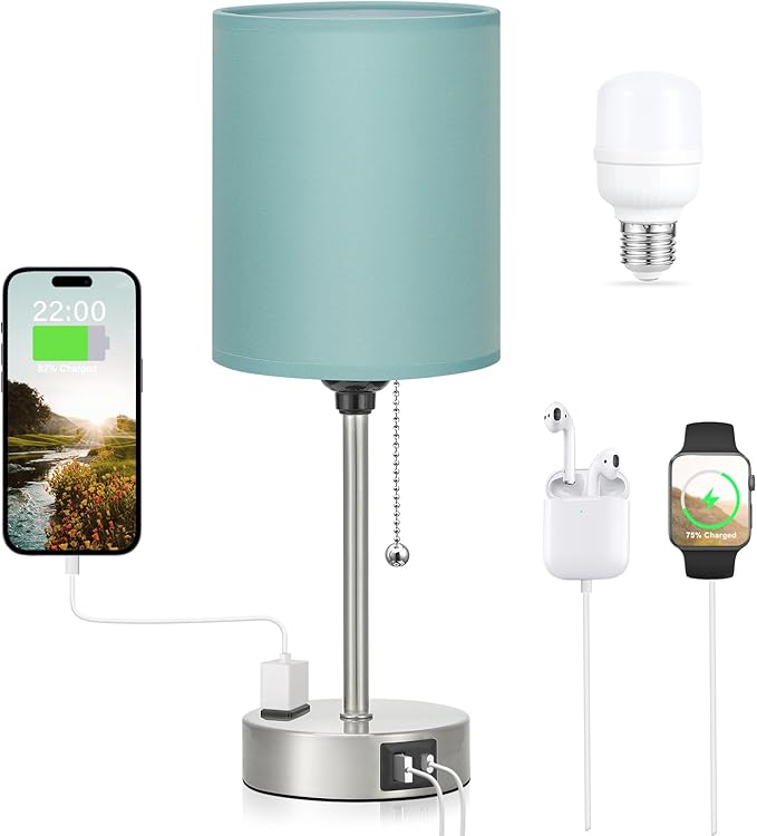 Teal Bedside Lamp for Nightstand - 3 Color Temperature Table Lamp with USB C and A Ports, Pull Chain Lamp for Bedroom with AC Outlet, Coastal Desk Lamp with Silver Metal Base for Kids Girls - Bloomnest