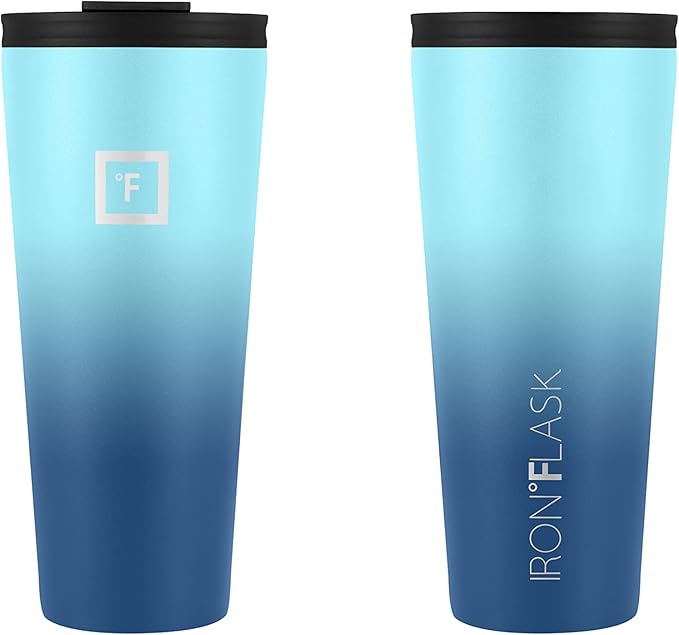 IRON °FLASK Classic Tumbler - Vacuum Insulated Stainless Steel Water Bottle, Double Walled, Drinking Cup, Insulated Travel Mug (Blue Waves, 32 oz Solid Lid)