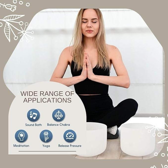 6-12inch White 432hz Quartz Crystal Singing Bowls Set of 7, for Healing Mindfulness Meditation Yoga Sound Baths with Case Mallet Suede Striker - Bloomnest