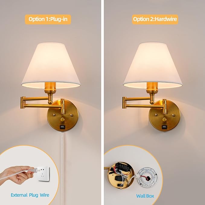 Swing Arm Wall Sconces, Plug-in Wall lamp,Bedroom Wall lamp ， White Fabric Shade，，with dimmable Switch and USB Charging Port, Suitable for Bedside, Living Room, Reading (Golden) - Bloomnest