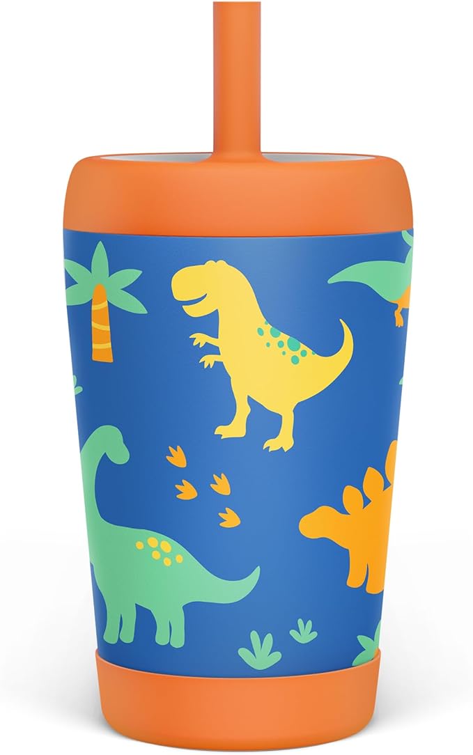 Kid Insulated Stainless Steel Tumbler with Silicone Straw, 12oz Sippy Cup for Kids (Dinosaurs) - Bloomnest