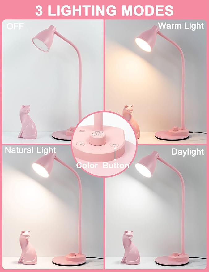 BOHON Cute Desk Lamp with USB Charging Port, Pink Lamp 3 Color Modes Dimmable LED Reading Lamp, Flexible Gooseneck Auto Dimming Table Task Light for Home Office Dorm Bedside, Pink - Bloomnest