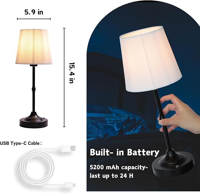 Rechargeable Cordless Table Lamp, Warm Desk Light, Wireless Touch Lamps with Stepless Dimmable Brightness & Fabric Shade for Nightstand Bedside Living Room (Black, Twill) - Bloomnest