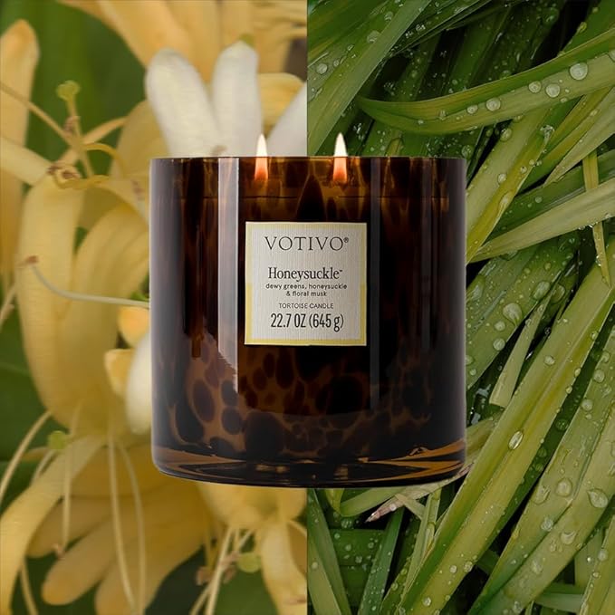 Votivo Honeysuckle Tortoise Scented Candle | 22.7 oz Soy Wax Blend | Floral Scent | Decorative Home Decor Tortoiseshell Pattern | 100 Hour Burn Time - Bloomnest