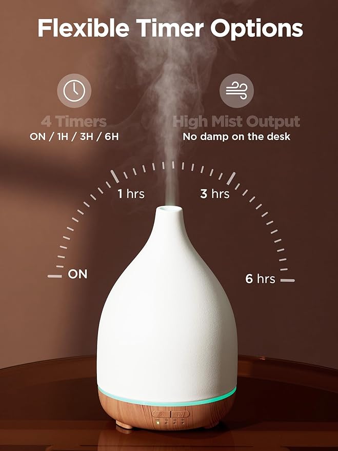 InnoGear Oil Diffuser, 300ML Ceramic Diffuser for Essential Oils Handcrafted Aromatherapy Diffuser Ultrasonic Cool Mist Humidifier with 4 Timers Waterless Auto Off for Room Office, White - Bloomnest