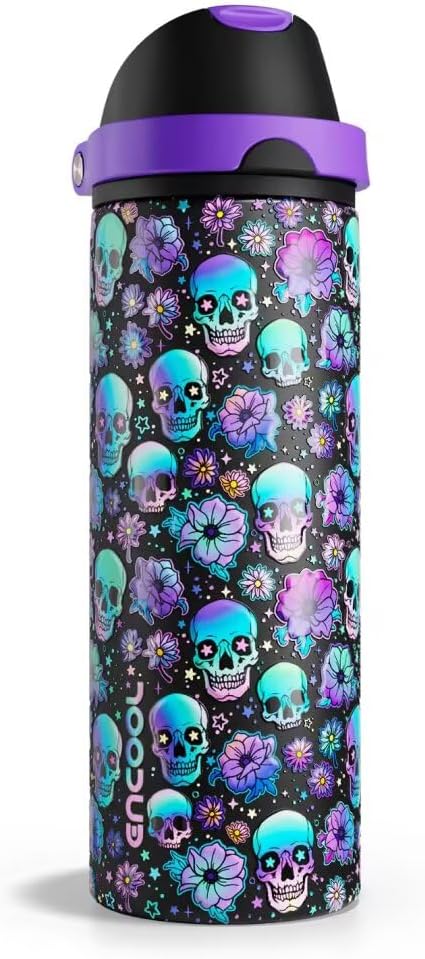 Insulated Water Bottle with Straw - Encool Stainless Steel Water Bottle with Push Button Lid, Leak-Proof & BPA-Free, Keeps Cold for 24 Hours for Sports, Travel, Gym (24 oz, Floral Afterlife) ENCOOL