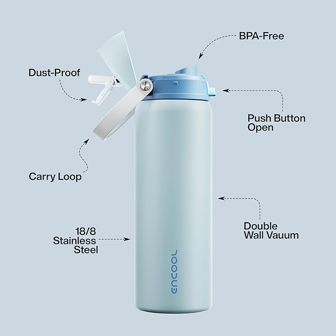 Insulated Water Bottle with Straw - Encool Stainless Steel Water Bottle with Push Button Lid, Leak-Proof & BPA-Free, Keeps Cold for 24 Hours for Sports, Travel, Gym (32 oz, Jungle Mist) ENCOOL