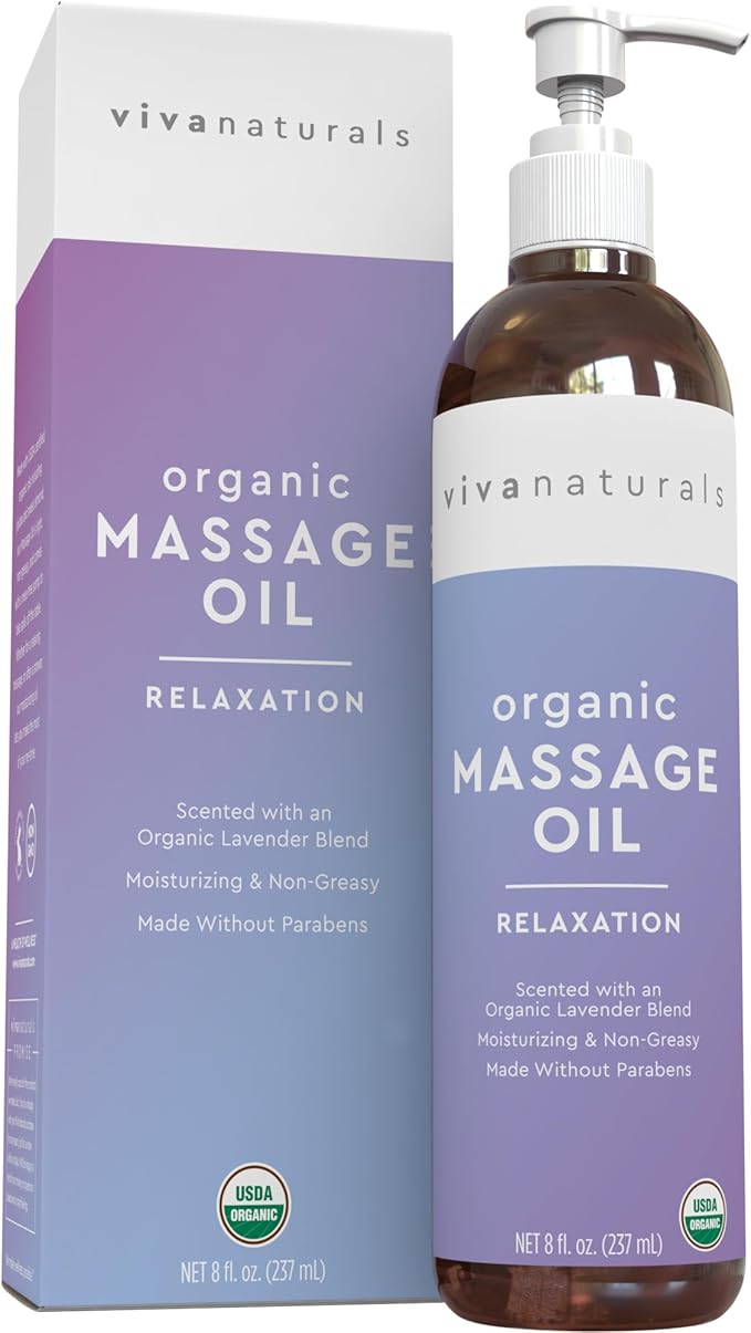 Viva Naturals Organic Massage Oil (8 fl. oz.) - Lavender Scented Non-Greasy Body Massage Oil with Mess-Free Pump, Moisturizing Massage Oils for Massage Therapy, Non-GMO and Certified Organic, 237 mL - Bloomnest