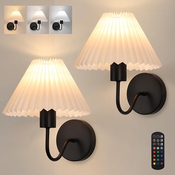 Rechargeable Battery Operated Wall Sconce Sets of 2, 15 Colors Wireless gooseneck Black Wall Lights Fixture with Dimmable Bulbs and Remote, Not Hardwired Wall Mounted Lamps for Bedroom Living Room - Bloomnest