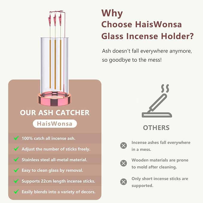 Incense Holder Ash Catcher - Upside Down Glass Incense Holder for Sticks, Reverse Inverted Anti Ash No Mess Insence-Stick Holder, Modern Metal Decorative Vertical Incense Burner, Rose Gold - Bloomnest