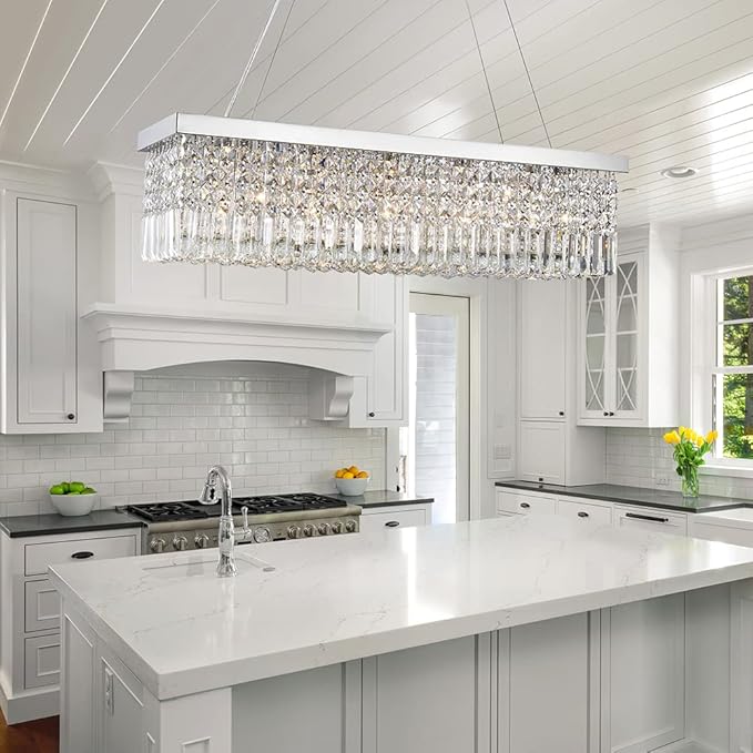 Saint Mossi 5-Lights K9 Crystal Chandelier for Dining Room, Rectangular Pendant Light Fixture for Kitchen Island, Raindrop Flush Mount Ceiling Light Fixture,H9 x W10 x L31, Chain Adjustable - Bloomnest