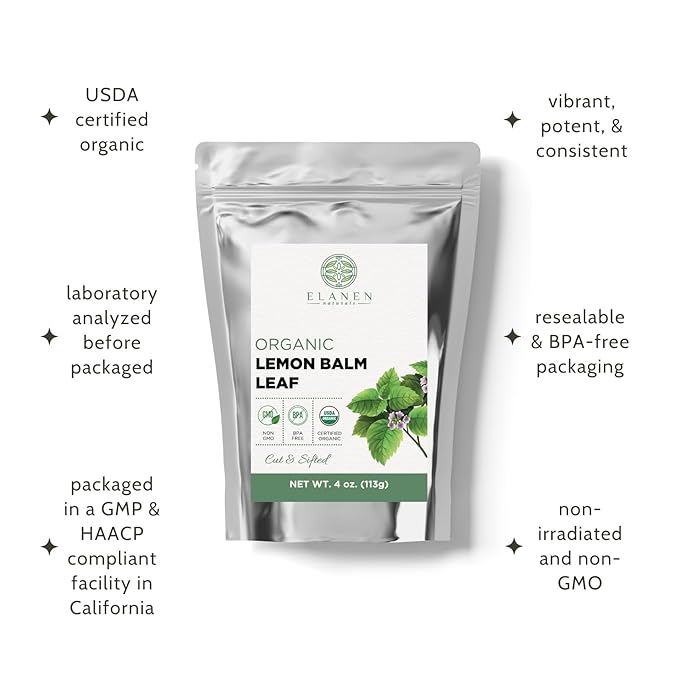 Elanen Naturals Organic Lemon Balm Herb 4 oz. (113g), USDA Certified Organic Lemon Balm Dried Loose Leaf Tea, Melissa Officinalis, Melisa Tea, Te De Toronjil, Cut & Sifted - Bloomnest