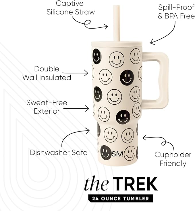 Simple Modern Kids 24 oz Tumbler with Handle and Silicone Straw Lid | Spill Proof and Leak Resistant | Reusable Stainless Steel Bottle | Gift for Kids Boys Girls | Trek Collection | Tan Happy Faces - Bloomnest