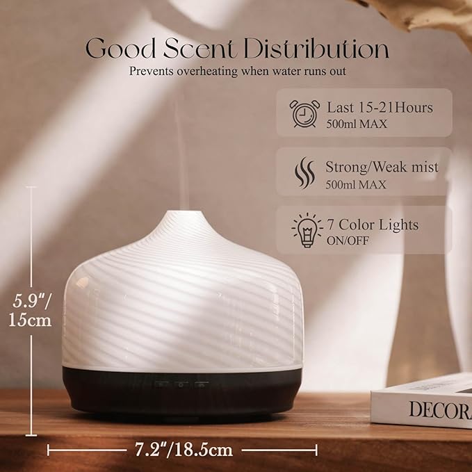 Porseme 500ml Glass Essential Oil Diffuser Aromatherapy Ultrasonic Cool Mist Humidifier 15-21 Running Hours Waterless Auto-Off Air Diffusers for Sleeping Yoga Office Working Spa and Rest (Pure White) - Bloomnest