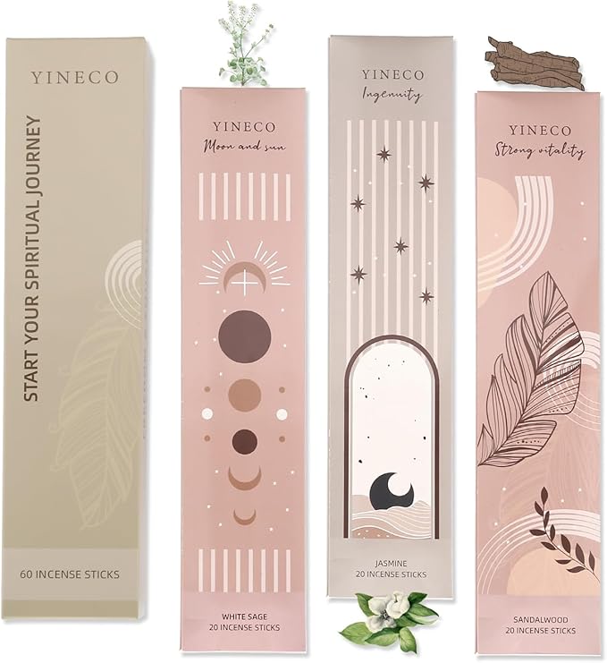 Incense Sticks Set of 60 - Organic Sandalwood, White Sage & Jasmine, Non-Toxic & Slow-Burning for Relaxation, Meditation & Sensory Therapy (Moon and Sun) YINECO