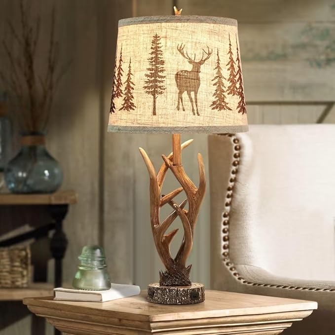 Dungoo 26" Touch Control Antler Table Lamps Set of 2, 3-Way Dimmable Rustic Lamp with 2 USB Ports, Natural Antler Lamp with Deer Forest Lampshade Farmhouse Lamps for Living Room Foyer - Bloomnest