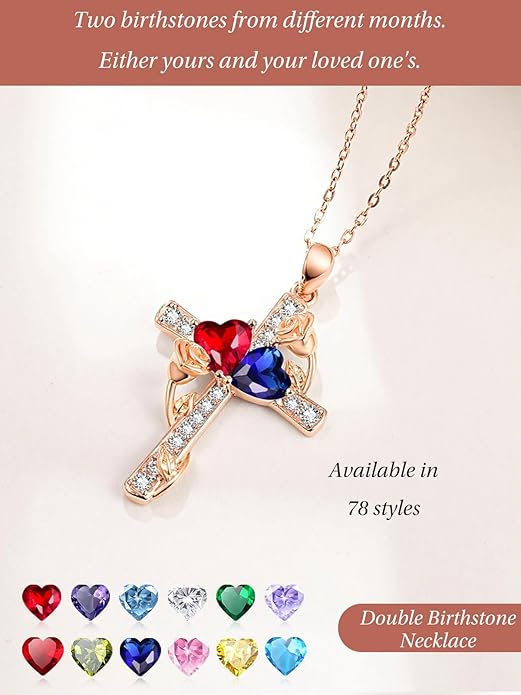 Rose Gold Dual Birthstones Cross Necklace for Women Rose Flower Jewelry Anniversary Christmas Mother's Valentine's Day Birthday Gift for Wife Girlfriend Mom - Bloomnest