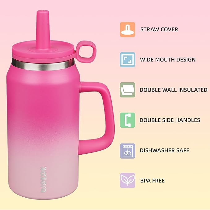 BJPKPK 50oz Insulated Tumbler with Handle Stainless Steel Travel Coffee Mug with Lid Reusable Large Water Bottle with Straw,Cherry Blossom - Bloomnest
