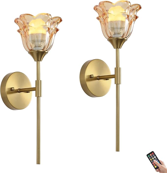 2 Pack Battery Operated Wall Sconce with Amber Glass Shades, Wireless Rechargeable RGB Wall Light with Remote Control, for Bedroom Mirror Living Room, ETL Listed - Bloomnest