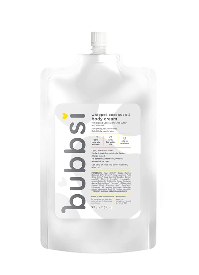 Bubbsi Whipped Coconut Oil Baby Lotion for Eczema, Dry Skin, Baby Acne, KP | Organic Coconut Oil, Shea Butter, Vitamin E | Light, Natural Scent | EU Compliant, Vegan (Refill Pouch, 32oz) - Bloomnest