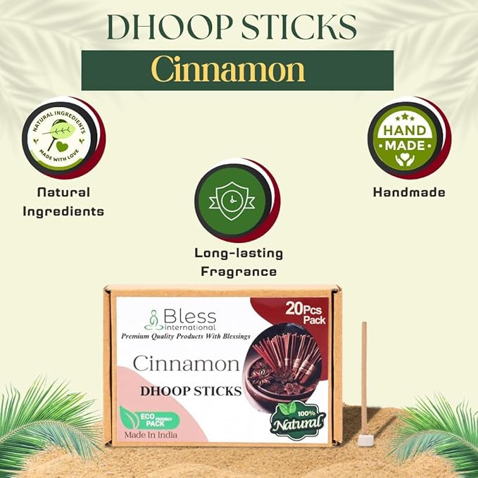 Bless-International Cinnamon-100%-Natural-Incense-Bambooless-Dhoop-Sticks Handmade-Organic-Chemicals-Free for-Purification-Relaxation-Positivity-Yoga-Meditation The-Best-scents-4.5-Inches-20-Sticks