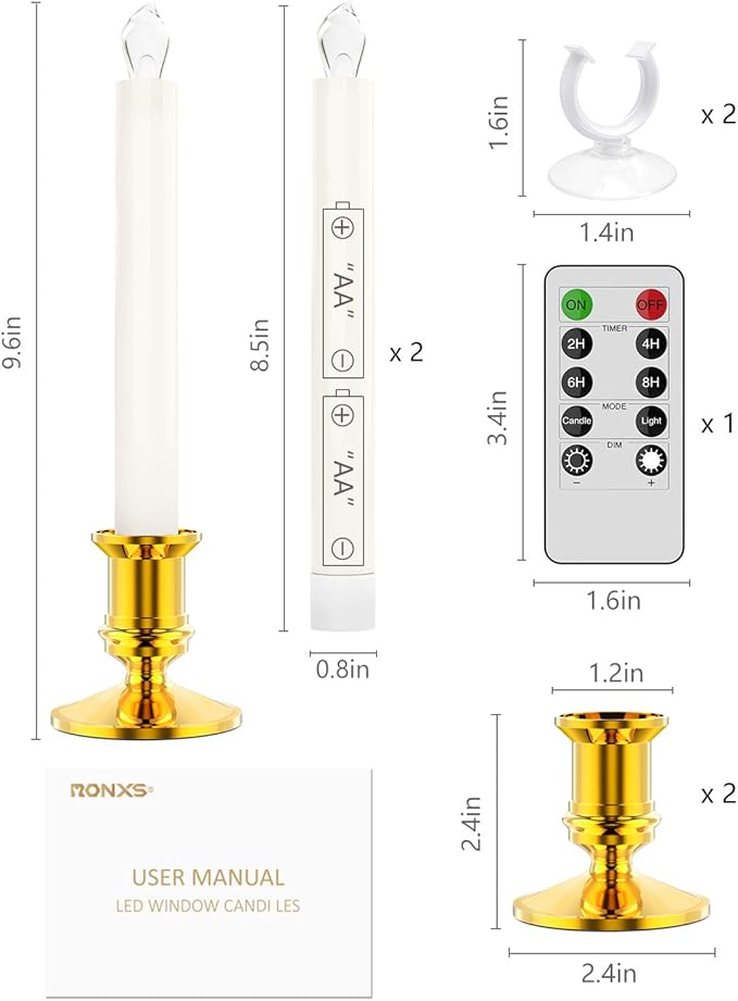 RONXS LED Window Candles With Timer, Flickering Flameless Taper Candles With Remote, Battery Operated, Indoor Christmas Decorations (6 Pcs Gold) - Bloomnest