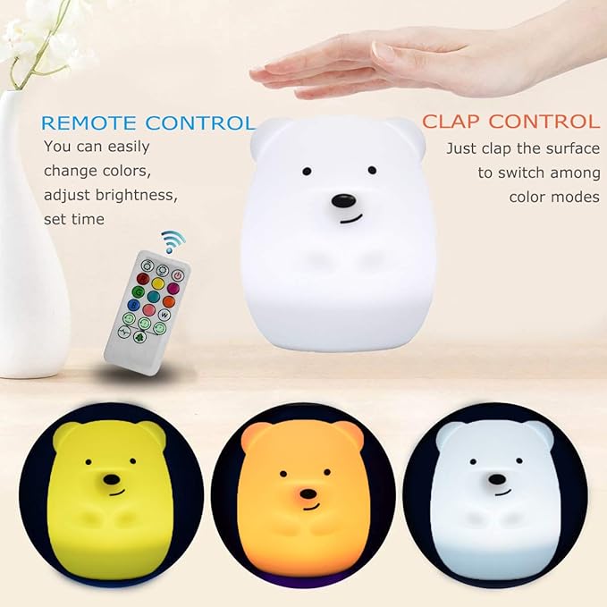 Bear Night Lights for Kids, Bedside lamp for Children, Baby Nursery Light - Break Resistant/Eye Caring/Adjustable Brightness Color/Time Setting/Gifts for Kids Babies Boys Girls - Medium - Bloomnest