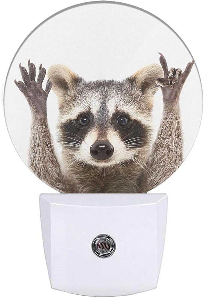 EKOBLA Raccoon Night Light Cute Animal Raccoon with Cool Rock N Roll Pose Night Lights Plug into Wall Auto Sensor Fun Funny LED Round Lamp for Men Women Boys Girls - Bloomnest
