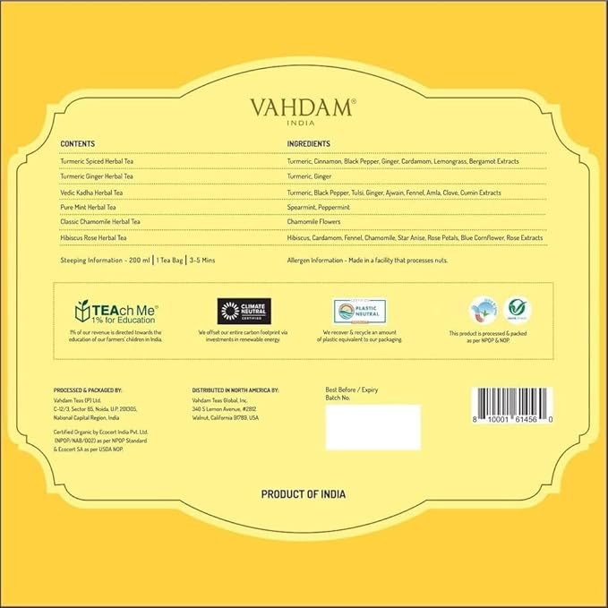 VAHDAM, Assorted Herbal Tea Variety Pack (6 Variants, 36 Tea Bags) Caffeine Free, Gluten Free, Non GMO | Eco Friendly Long Leaf Pyramid Tea Bags I Tea Gift Sets for Men and Women - Bloomnest