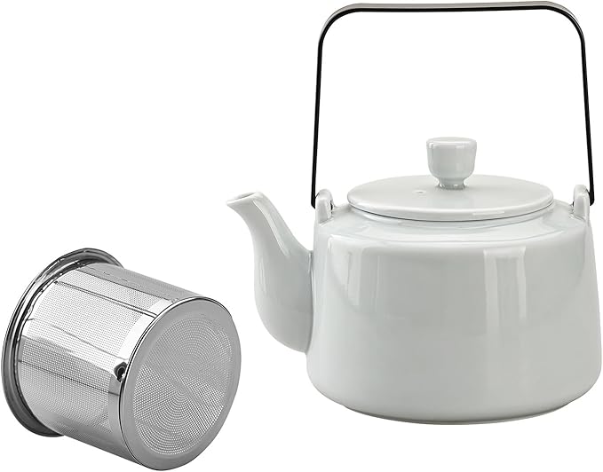 Antique Ceramic Teapot Coffee Pot with Infuser, 400ml (1-2 cups) Small Porcelain Tea Pots for Loose Leaf Tea, with Removable Stainless Steel Strainer and Lid for Gift (Light Cyan(Handle)) - Bloomnest