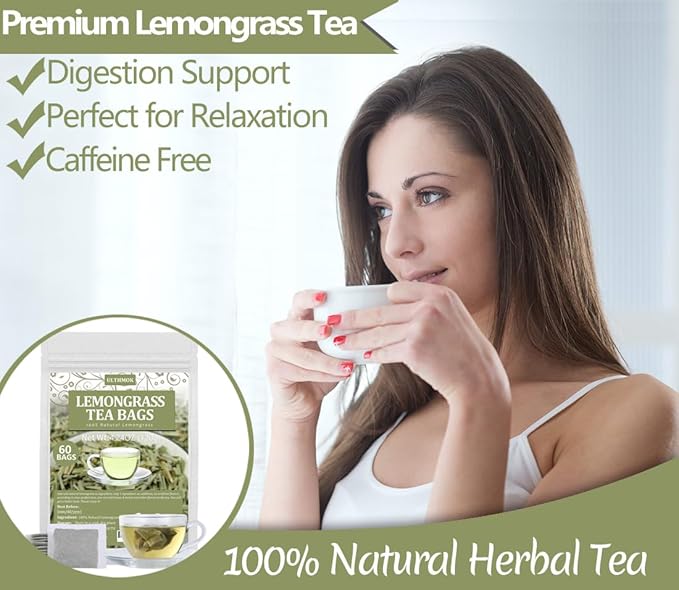60 Premium Lemongrass Tea Bags, Made with 100% Natural Lemon grass, Perfect for Relaxation and Wellness, No Additives & Caffeine Free. - Bloomnest