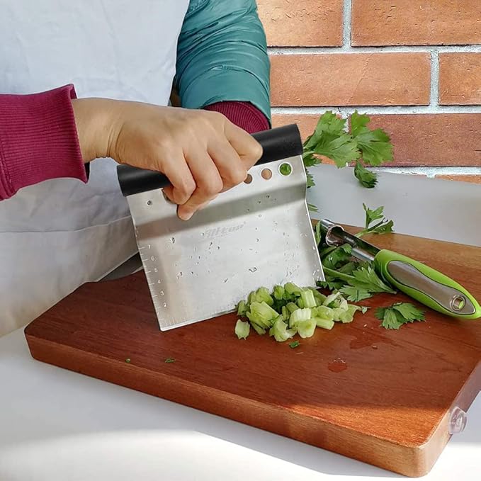 ALLTOP Bench Scraper & Chopper with Herb Stripper,Stainless Steel Multipurpose Kitchen Baking Tool for Bread Dough Pastry Cake -Leaf Remover with Plastic Handle &Upgraded Protective Cover - Bloomnest